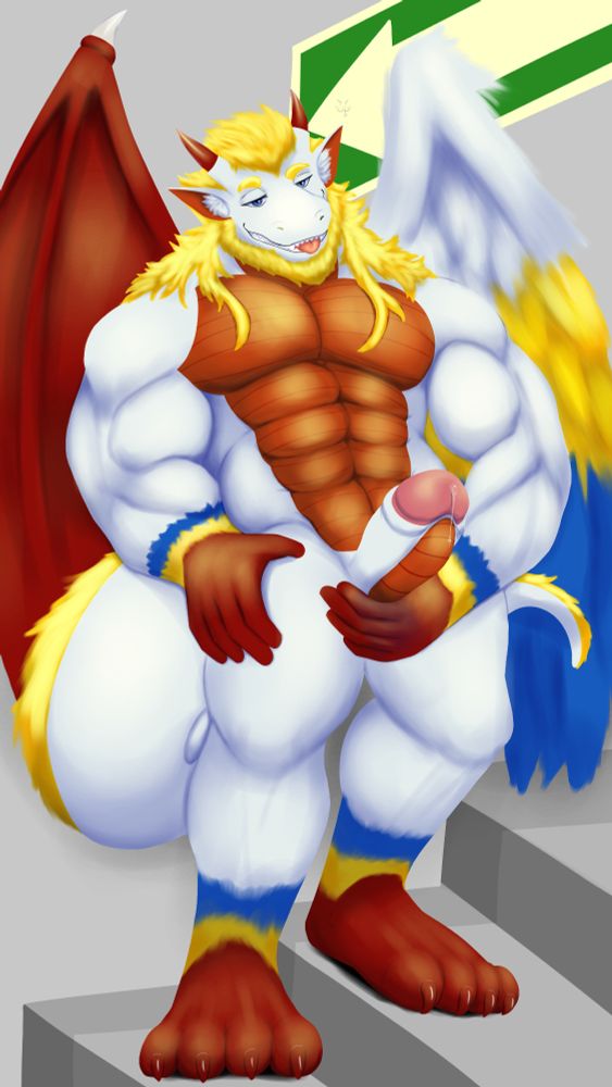 anthropomorphic dragon looks down at you with a mischevious grin, a raging boner clearly visible