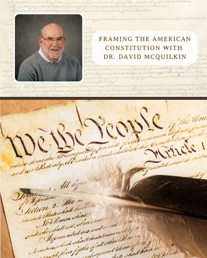 Photo of the US Constitution with a quill. Photo of Dr. David McQuilkin. Tan background.