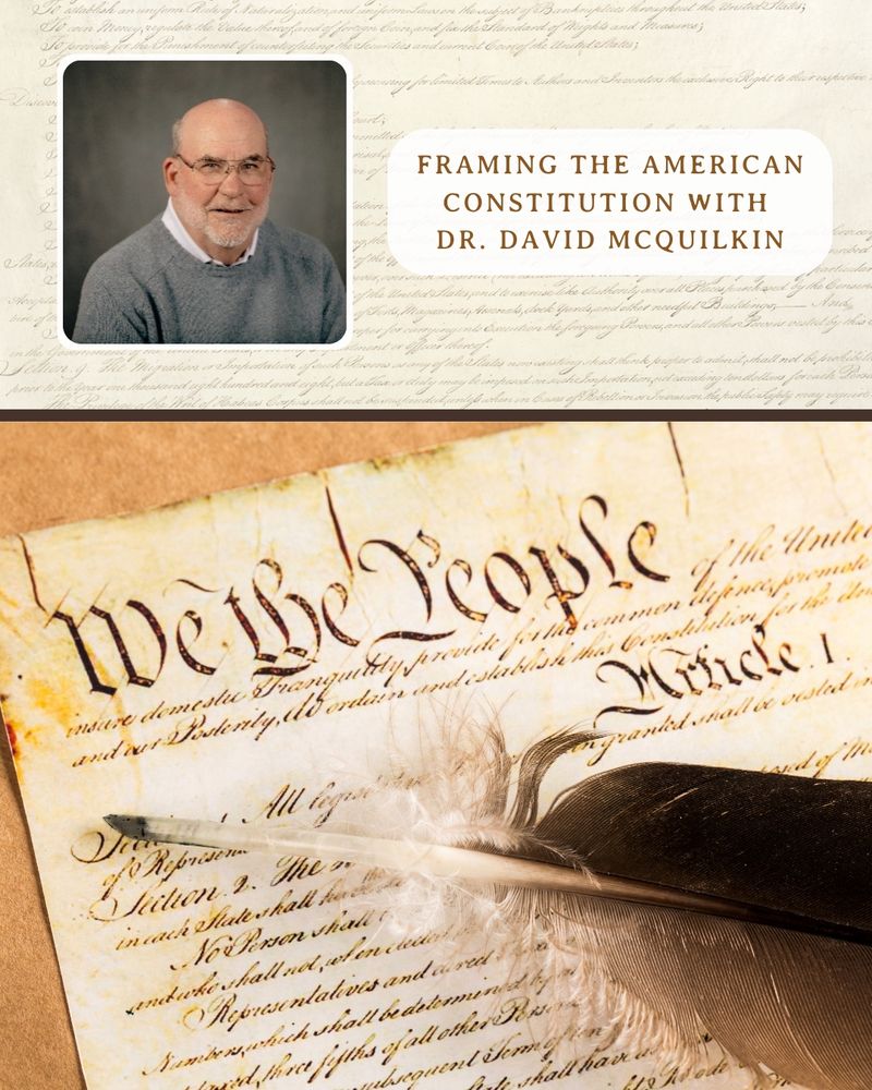 Photo of the US Constitution with a quill. Photo of Dr. David McQuilkin. Tan background.