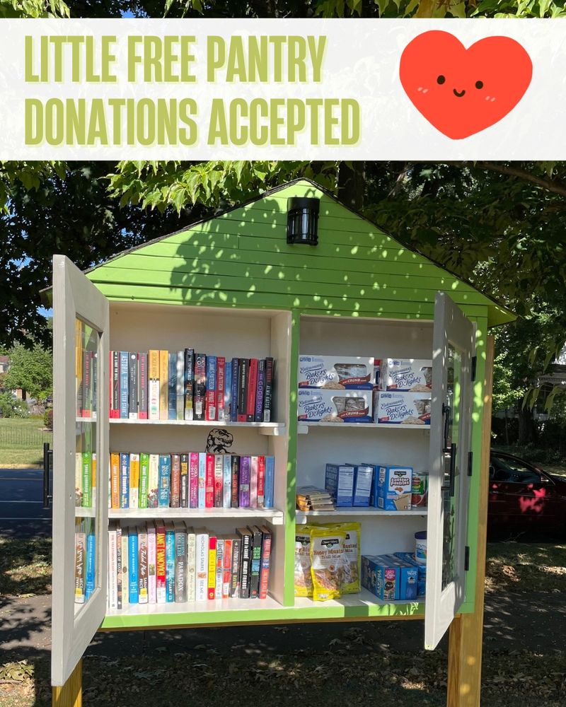Photo of Waynesboro Public Library's little free pantry. Text that reads: Little Free Pantry. Donations accepted. Design of a little red heart with a smile.