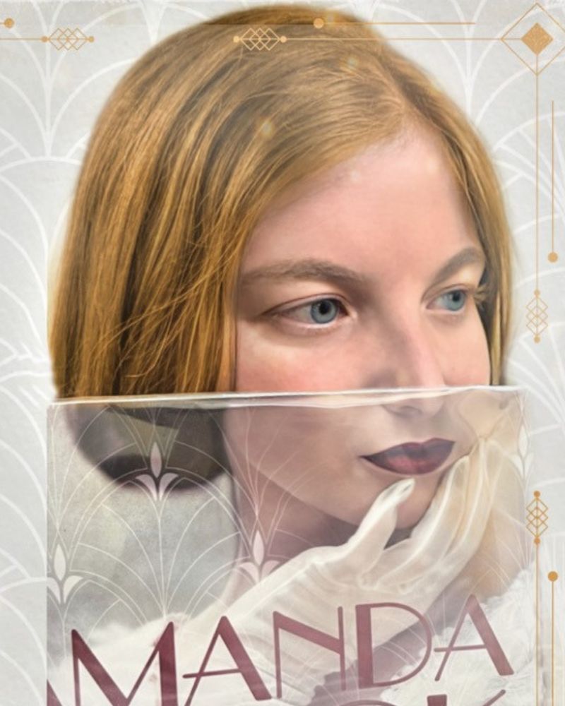 Bookface photo of staff member with the book “The Bride Wore White” by Amanda Quick. Bookface photos are when staff pose with a book cover to visually align themselves with the image on the cover, creating an optical illusion.  
