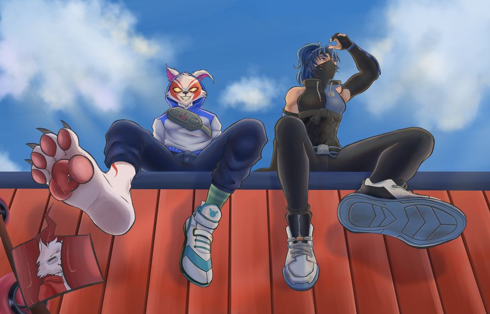 Nyanja and Hope sitting on the roof of a building with Nyanja having his right sneaker off to show his bare foot paw with a micro sized cat Pruny  pressed against his sole paw pad

@vickiramommy.bsky.social is the artist (but call her MamaBigSimp)