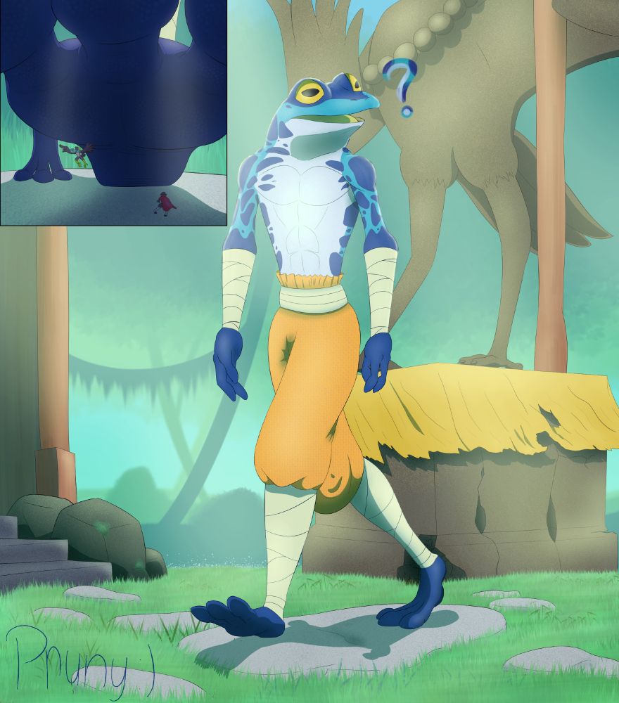 Ranno from Rivals of Aether about to accidentally step on Wrastor and Clairen in Swampy Estuary, Ranno's home stage