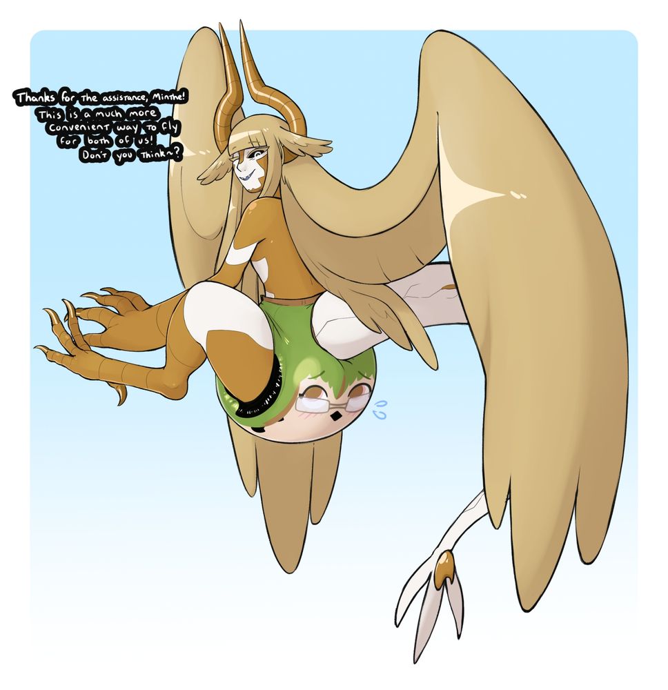 drawing of true form Callisto wearing a diaper-tf'd Minthe and commenting on how much more convenient it is to fly diapered!