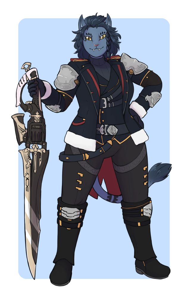 drawing of a hrothgar posing with her gunblade