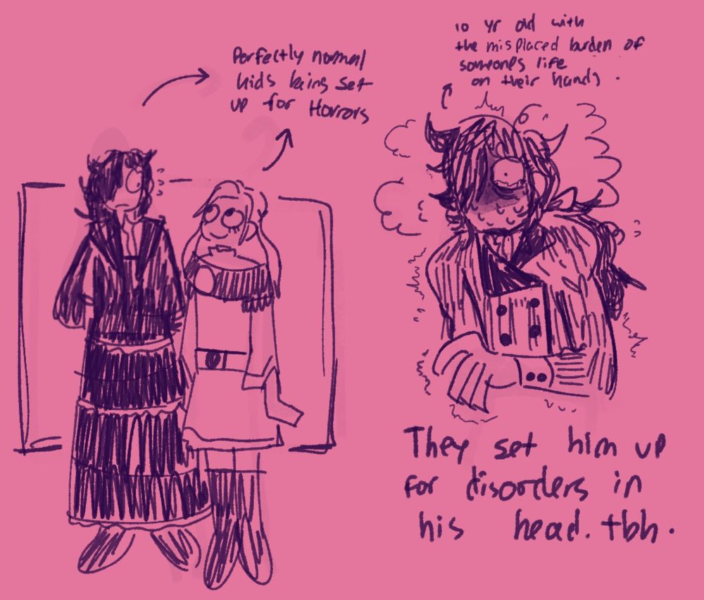 A sketch spread on ideas and notes about Huberts childhood

The 1st sketch is Hubert and Edelgard as children. Hubert looks at Edelgard a little shyly, he wears a long black dress and his hair is long. Edelgard looks at him with a smile, she wears her outfit seen in flashbacks. An arrow points from them and reads: “perfectly normal kids being set up for Horrors”

The 2nd sketch is of Hubert during the events of Edelgards kidnapping. He is shaking and looks very distressed. His hair is also long here. An arrow points from him and reads: “10 year old with the MISPLACED burden of someones life on his hands”
Sketch is captioned: “They set him up for disorders in his head. tbh.”

Artist rambles:
He was heavily monitored in House Vestra I think. Which resulted in the paranoia and lack of social skills. The “misplaced burden” part is really important to me, like he’s fr just a little girl with another girls life in his hands. His best friend, no how childish that sounds, *his Lady*. Nevermind he’s just a child himself. aughhh.