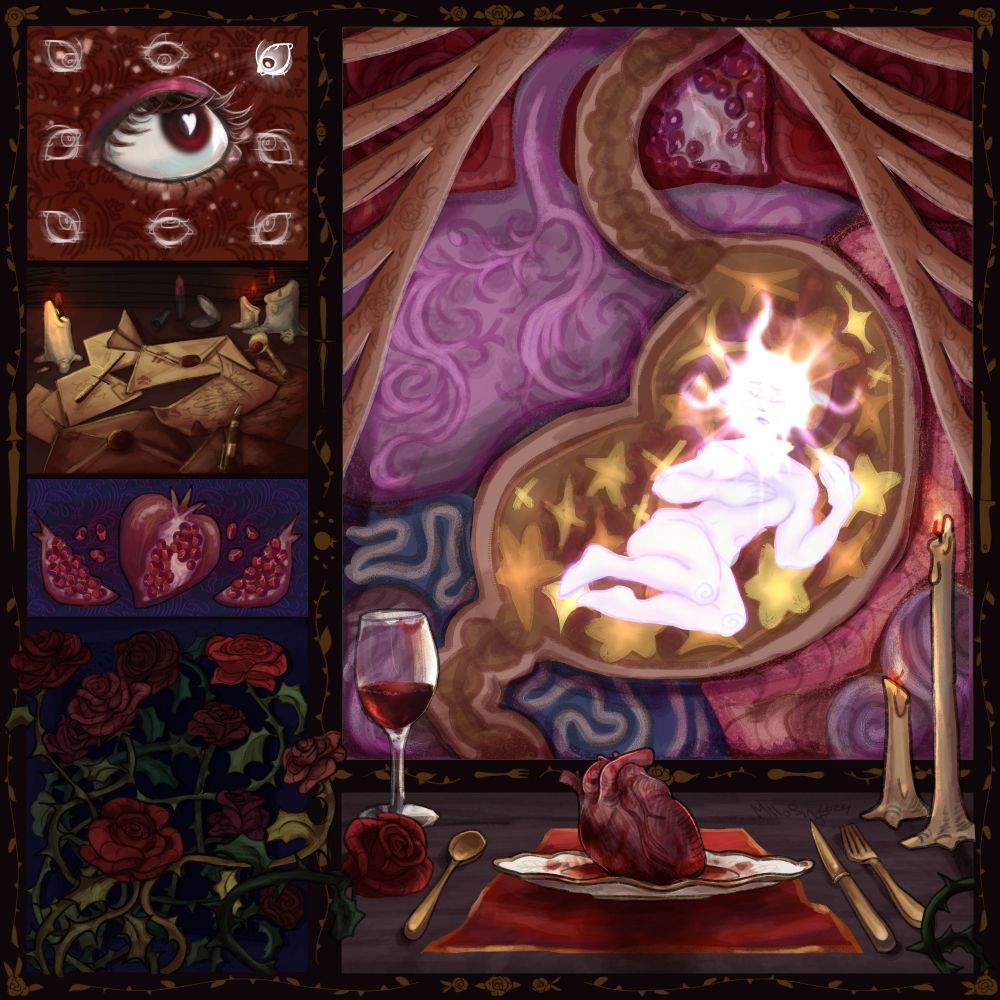 A collage of images telling the story of cannibalism as a metaphor for love. Top to bottom and left to right; and eye being gazed at by many others with a single lit up more than the rest, a table covered in letters with lipstick marks and red wax seals surrounded by candles, a heart shaped pomegranate in between two pomegranate slices, a bundle of thorny roses, and lastly a stylized interpretation of someone's organs with a person with a star head inside the stomach, with a table in front where golden tableware, a wine glass and candles surround a heart on a plate.