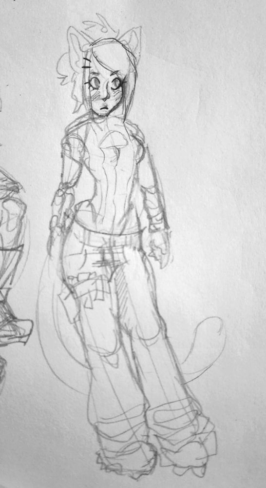 A sketchbook sketch of a cat girl wearing baggy pants and a tight top w/ boob window and a mechanical right arm.