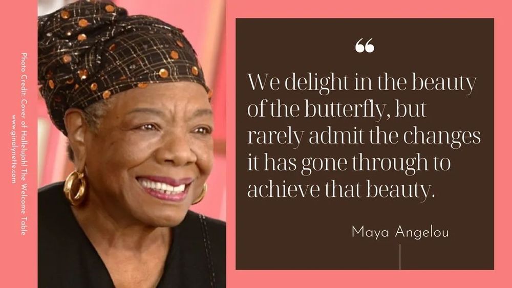 Maya Angelou smiling on the left with her hair wrapped in a brown scarf with gold sequins; the quote on a brown background with gray lettering on the right; all framed in a rosy pink that matches a pink in the image