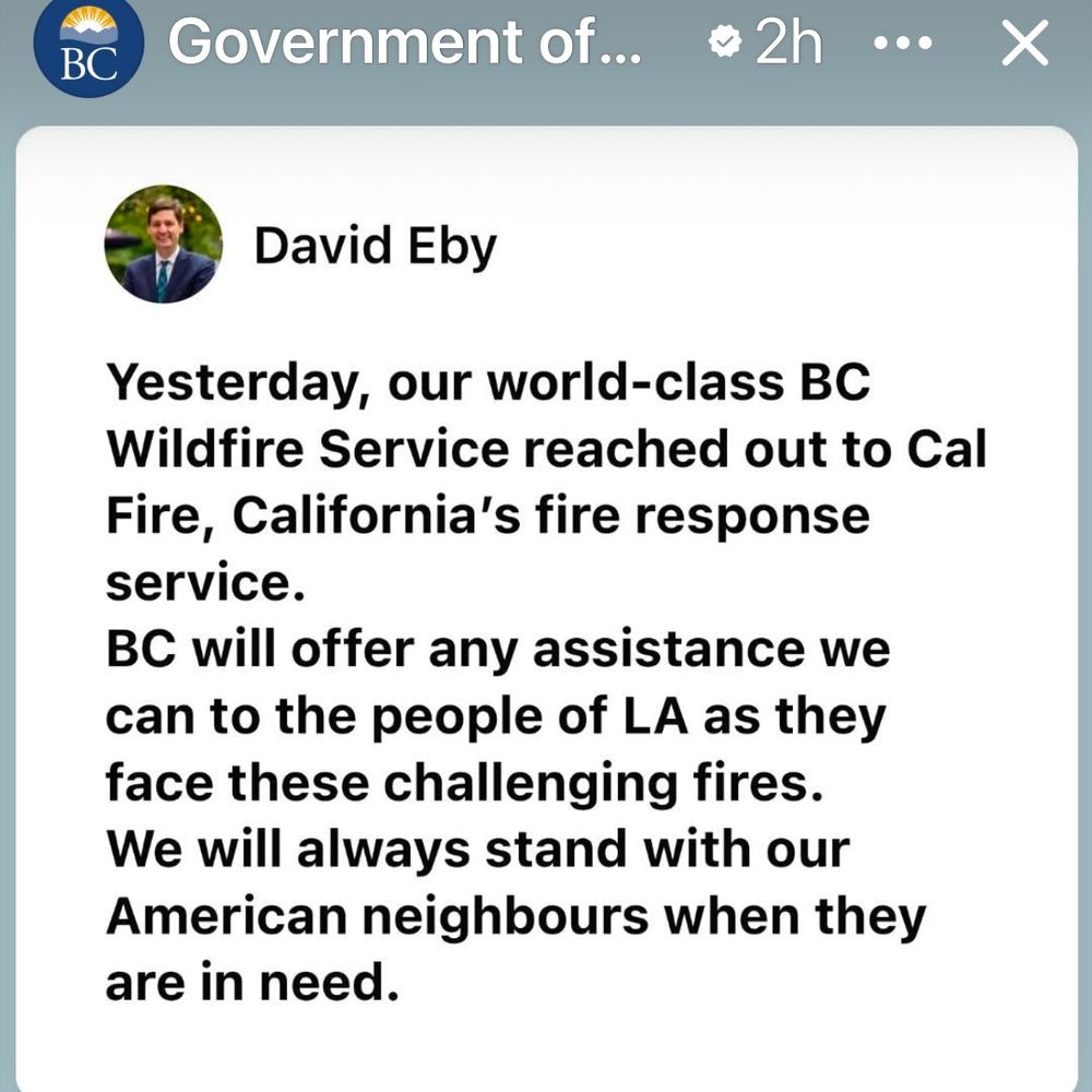 Letter from the premier of British Columbia offering help to the people of LA dealing with fires.