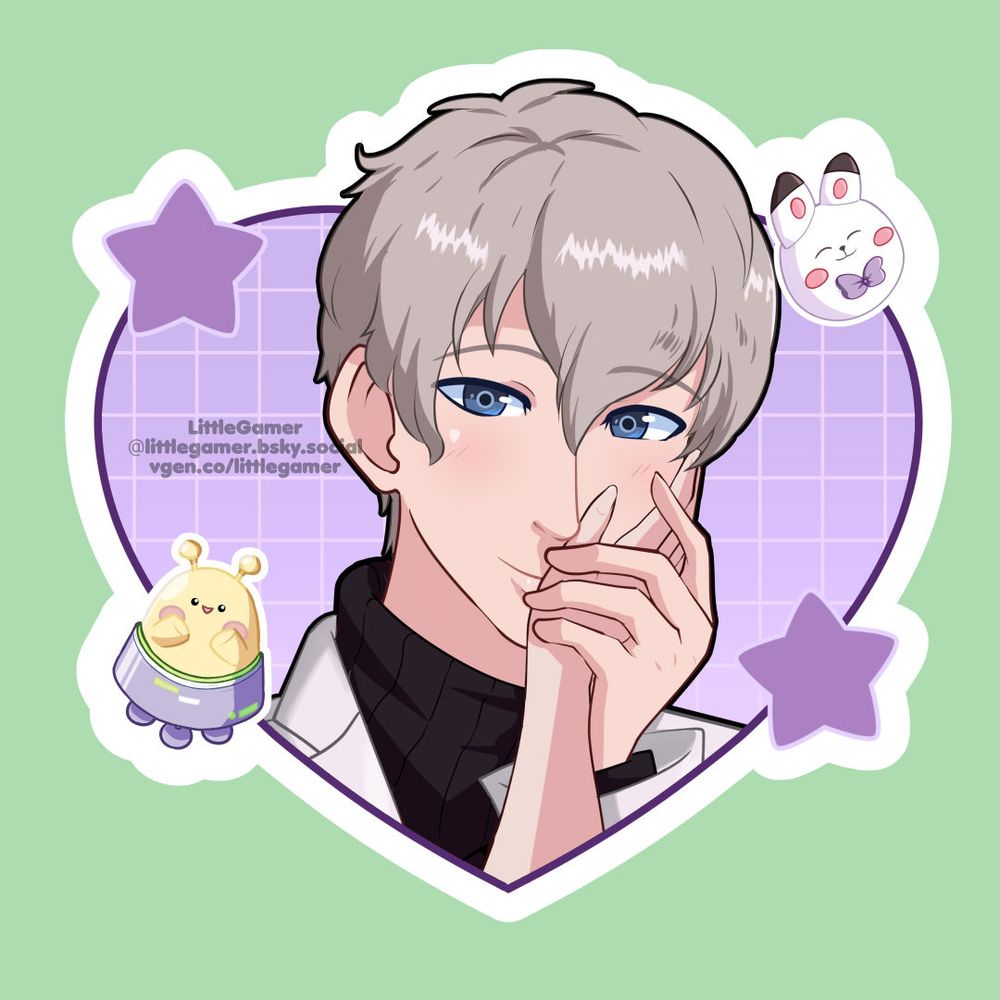 A drawing of a sticker for Xavier from Love and DeepSpace. Features him smiling with MC gently having her hand on his face.