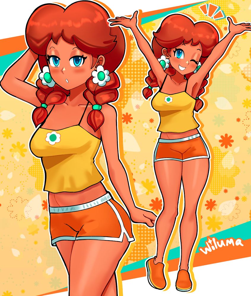 daisy in a yellow tank top with orange shorts and twin braids