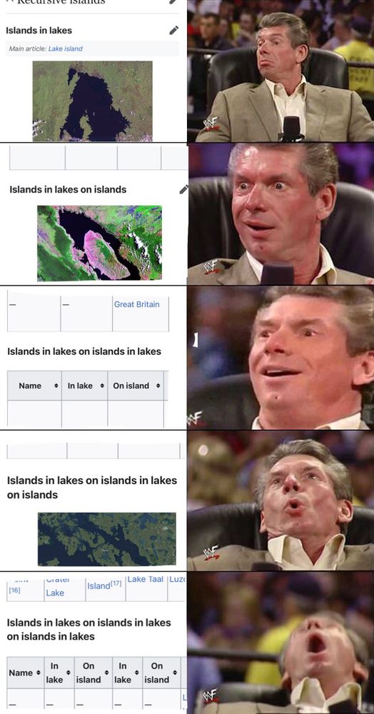 Islands in lakes

Islands in lakes on islands

Islands in lakes on islands in lakes

Islands in lakes on islands in lakes on islands

Islands in lakes on islands in lakes on islands in lakes
