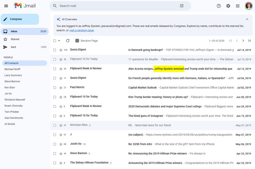 The Gmail like interface of Jmail allowing you to sort through Epstein's leaked emails.  Third from the top is an email from Flipboard about Epstein's arrest.