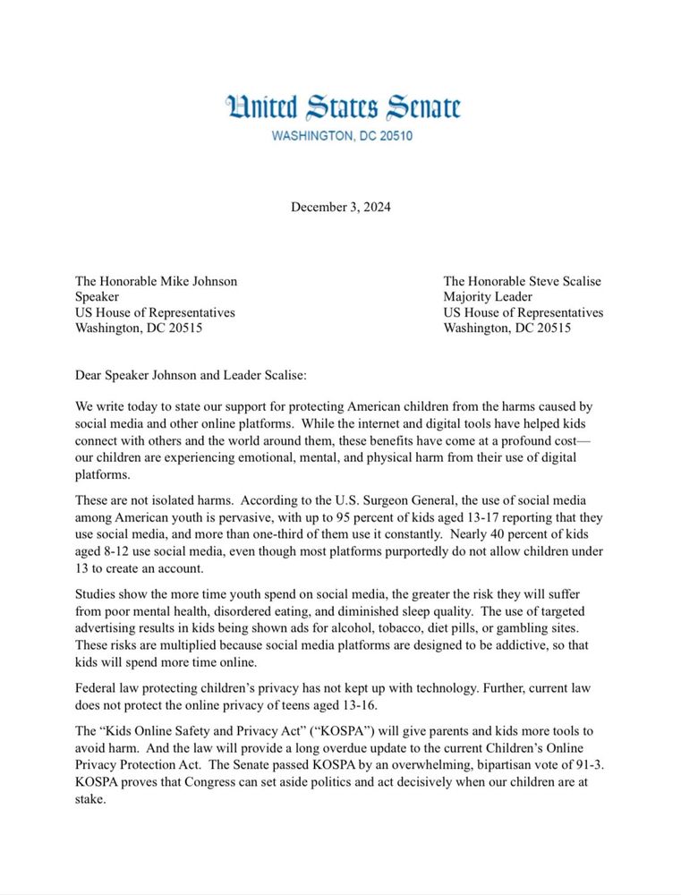 Letter from a group of Senators to House GOP leadership pushing them to bring KOSA (and it's updated version KOSPA) to a floor vote.