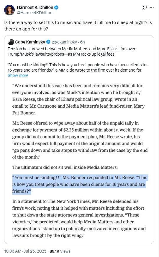 Harmeet Dhillon tweeting "Is there a way to set this to music and have it lull me to sleep at night? Is there an app for this?" in quote tweeting a screenshot of the NY Times article about how Media Matters is struggling to stay afloat due to Elon Musk's scorched earth SLAPP suits against the non-profit.