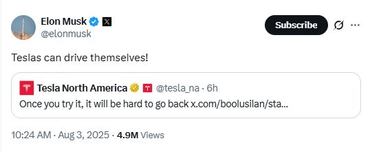 Elon tweet: "Teslas can drive themselves!"