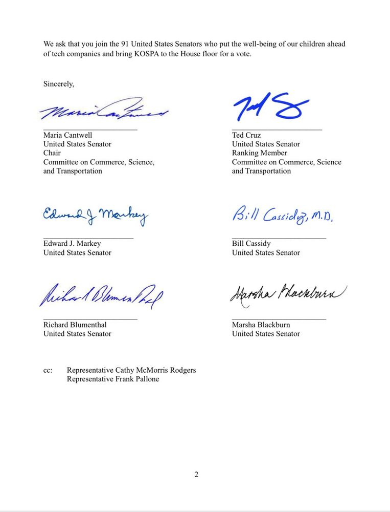 Signature page of the letter showing it's signed by the following Senators: Maria Cantwell, Ted Cruz, Ed Markey, Bill Cassidy, Richard Blumenthal, and Marsha Blackburn.