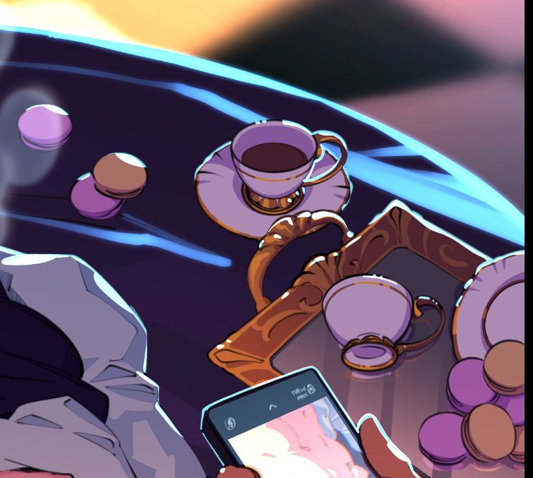 closeup of a very cute tea set. somebody in the foreground of the image is holding a phone with questionable content displayed. don't worry about it