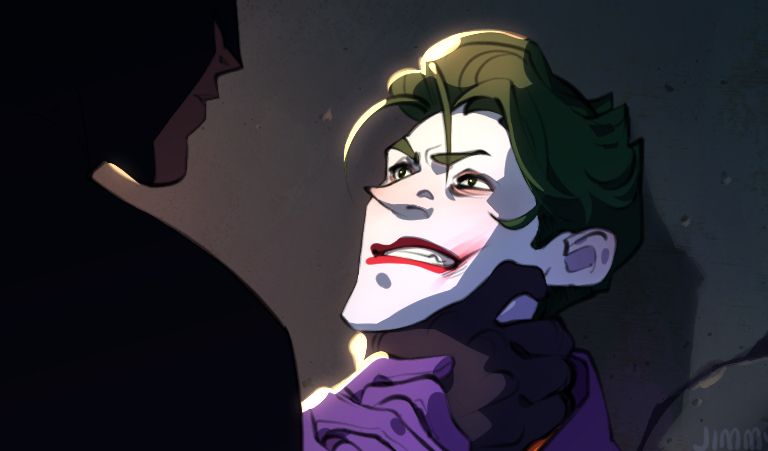 cropped drawing of the joker being kind of strangled by batman, because batman only understands punching, strangling, and emotional constipation. just kiss! you'll feel better