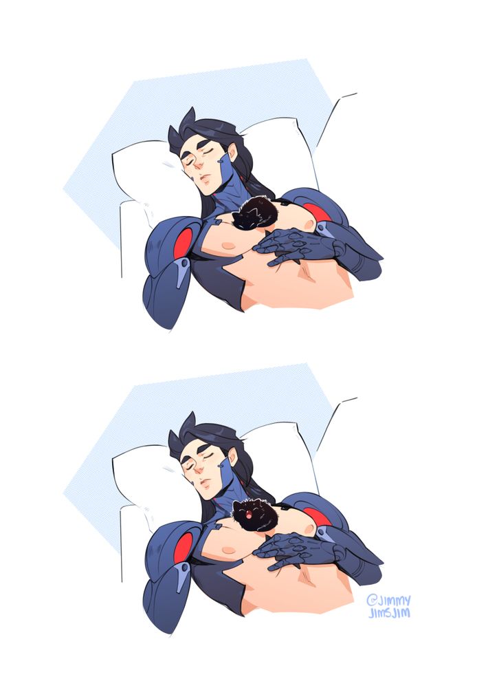 first two panels of a comic featuring my cyborg oc vex and his kitten, robert. 

panel one: vex is asleep with robert on his chest. robert is so tiny and cute!! this will not last

panel two: robert yawns as he wakes up