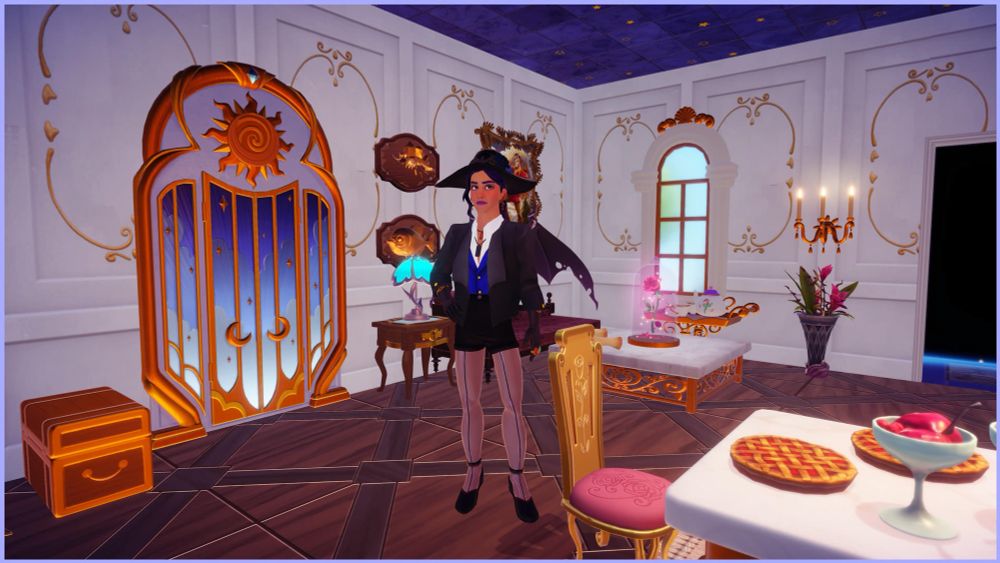 screenshot of my player character from disney dreamlight valley in his beautiful, gilded, french-palace-ass house. he is wearing a wide-brimmed black hat, black jacket, blue vest with white shirt, teeny tiny black shorts over stockings, and black heels. the quote is from a terrible susan lucci movie called blood on her hands. (she did have her husband killed in that)