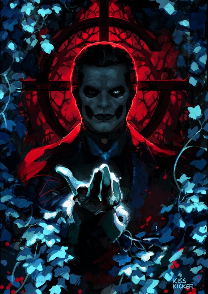 digital painting of ghost's papa emeritus iv. he is backlit in red, with the shadows of thorny branches and the grucifix behind him. he is extending his hand out through a wall of ivy toward the viewer

if you have ghost, you have everything <3