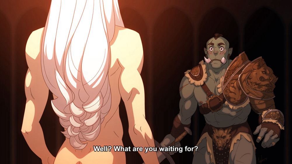 a definitely naked elf in the foreground with a very surprised orc. elf: well? what are you waiting for?