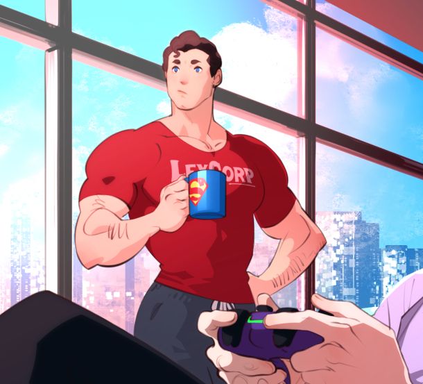 crop from a screenshot-style comic of clark kent wearing a lexcorp shirt and drinking out of a superman mug