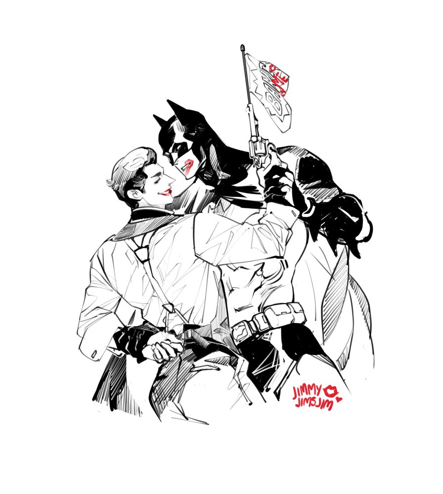 batman grabbing joker so it looks like they're dancing. joker is holding his BANG-flag gun; he has added the word 'me' to the bottom of the flag, along with a few lipstick kiss marks. joker's lipstick is smeared on batman's lips. batman appears very annoyed by the whole production