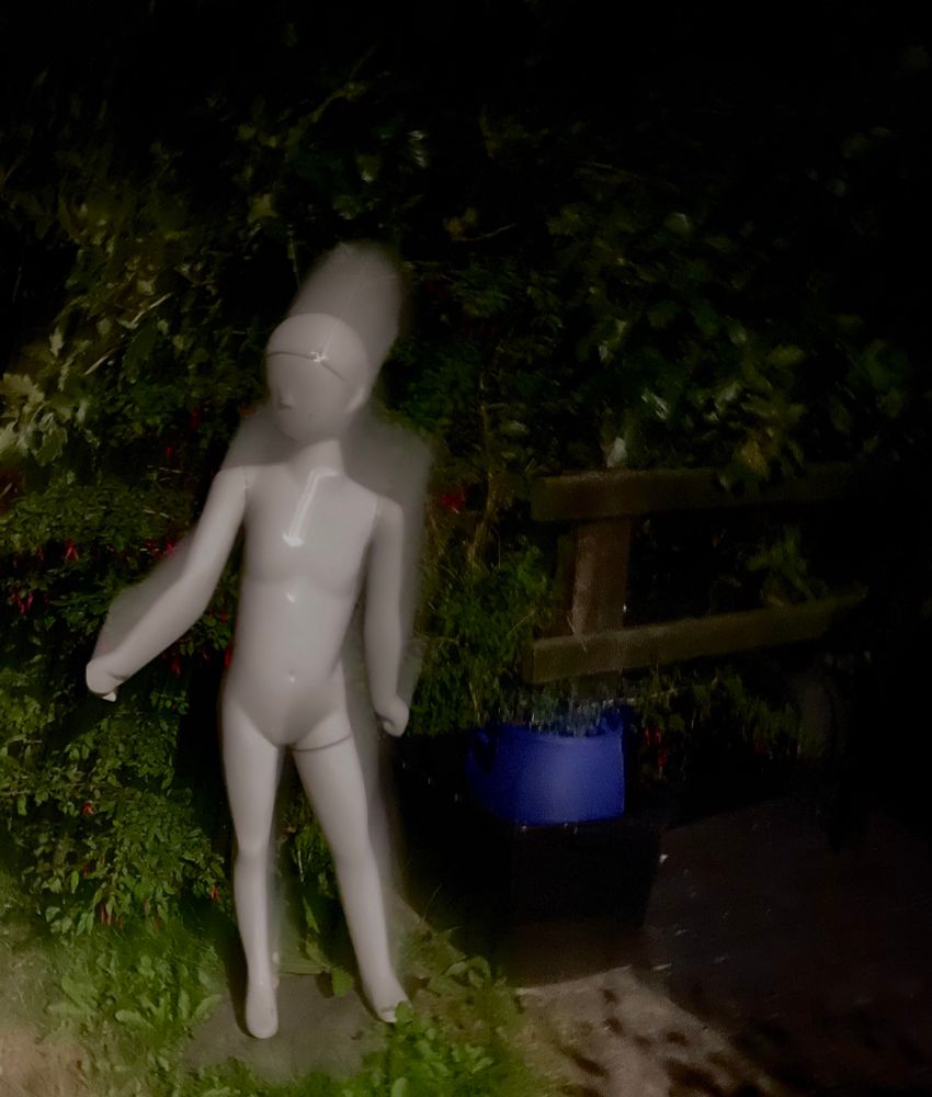 A naked manikin in the form of a child looms out of the darkness on a country lane. Is that another shadowy figure behind it? 