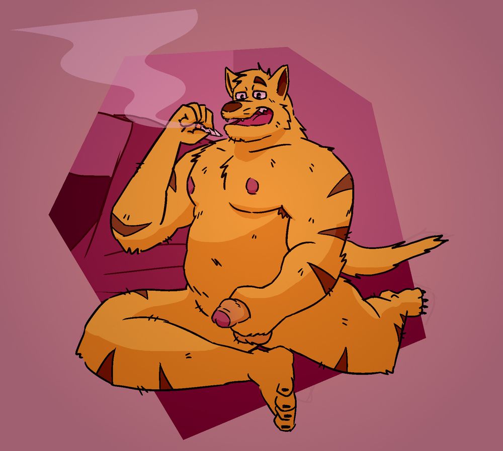 an illustration of Chance Furlong from Swat Kats sitting nude, with his hand on his dick. In his other hand is a blunt, with smoke coming out of it.