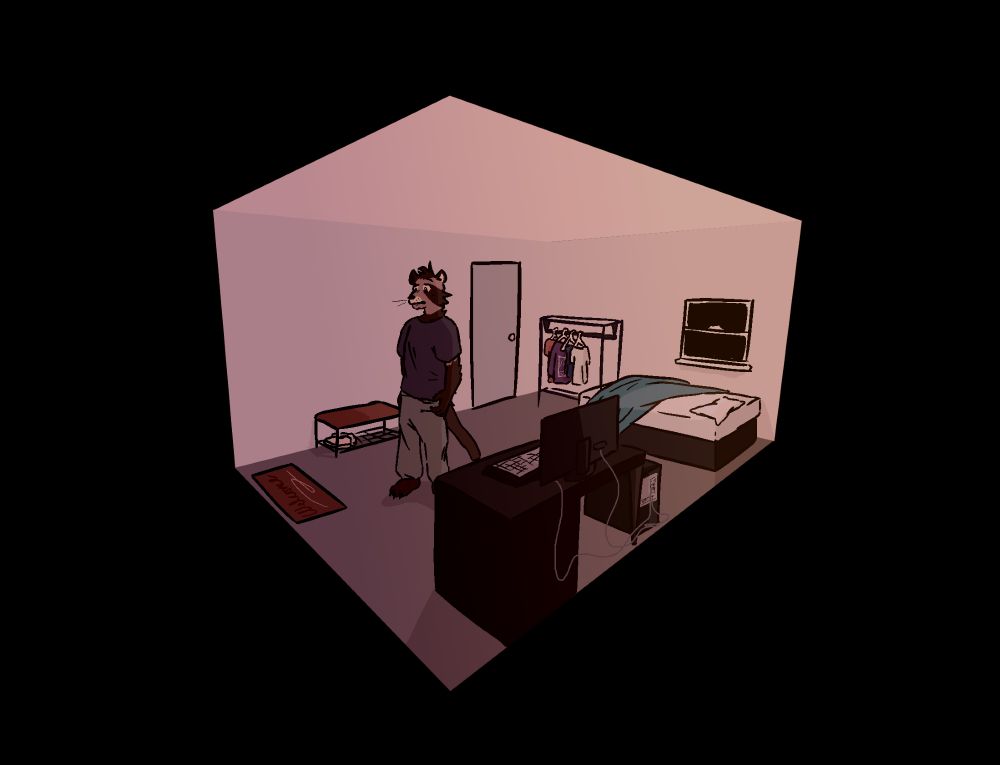 An illustration of an anthropomorphic civet standing alone in a small room, which is surrounded by nothing but a black void.