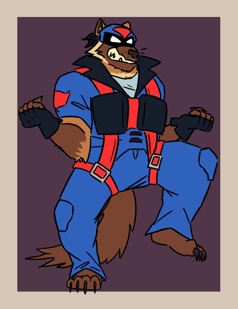 an illustration of an anthropomorphic wolverine posing with his fists clenched and a toothy grin. He is dressed like T-Bone from Swat Kats