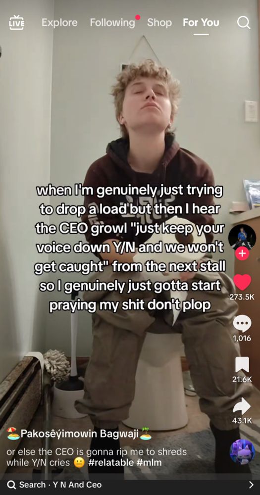tiktok:
person on the toilet with text that says
when I'm genuinely just trying to drop a load but then I hear the CEO growl "just keep your voice down Y/N and we won't get caught" from the next stall so l genuinely just gotta start praying my shit don't plop