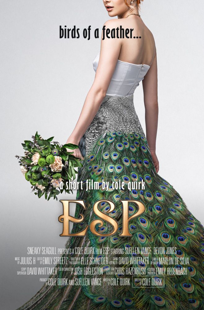 Movie poster for a short film with a woman in a wedding dress with peacock feathers.