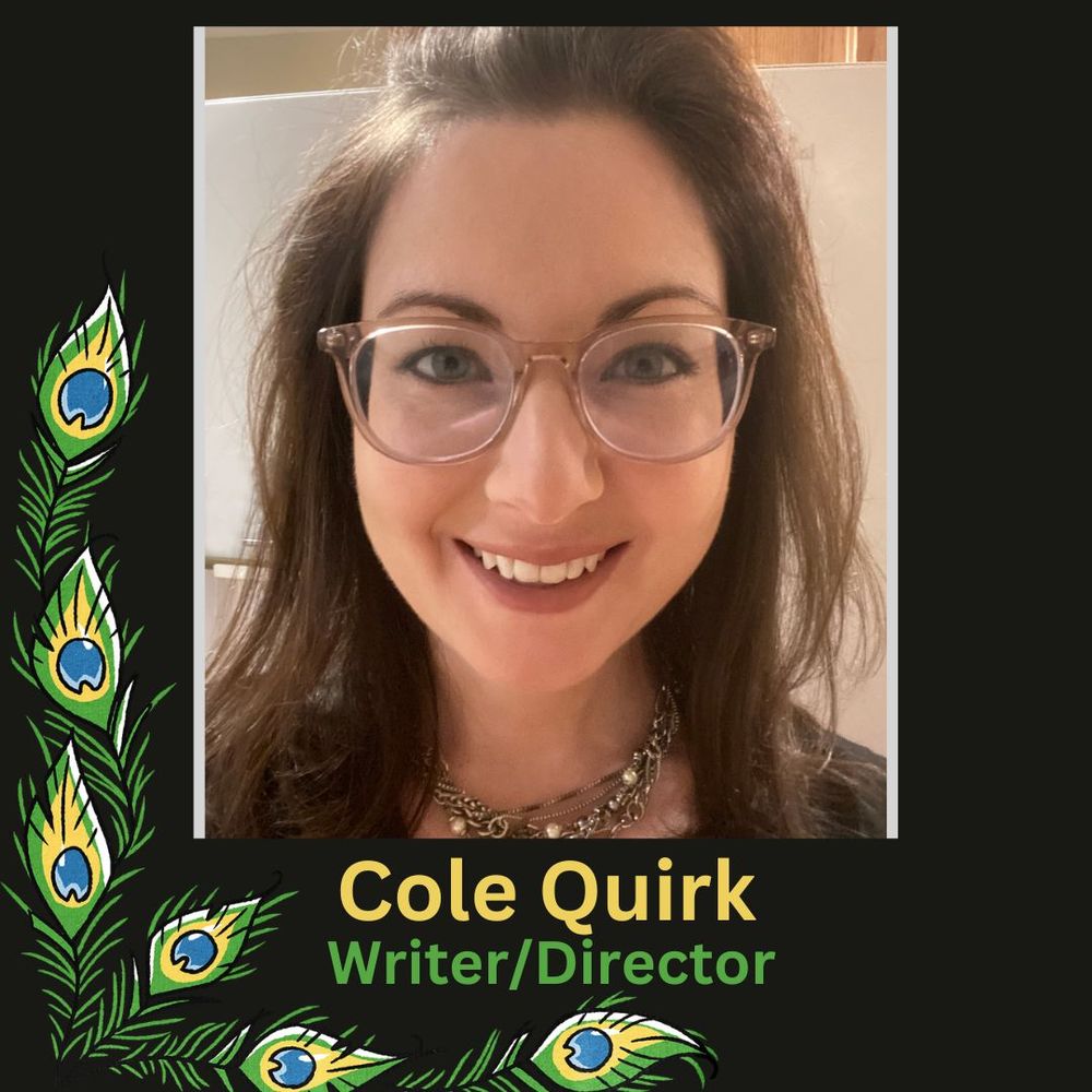 Headshot of writer director Cole Quirk. Long brown hair and glasses. 