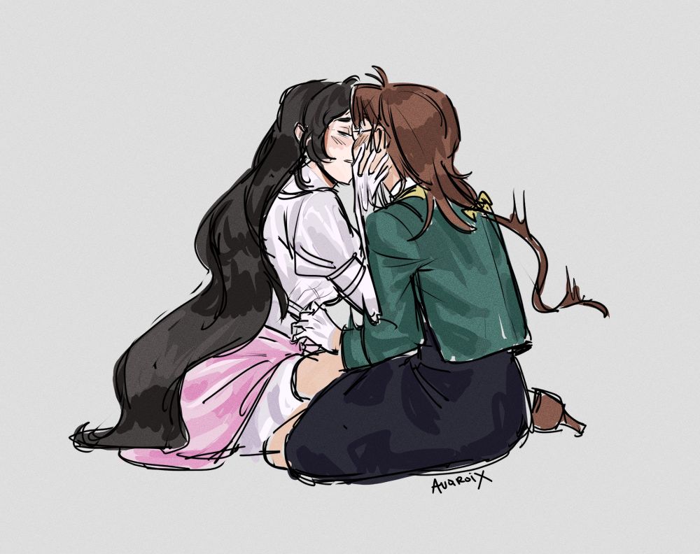 a colored sketch of isolde and kakania, sitting on the floor with their legs bent inwards, facing each other and about to share a kiss. isolde is caressing kakania's face with one hand, with a passionate expression. kakania is caught off guard and blushing

#art #wlw #sapphic #isoldevondittarsdorf #klaravingler #kakania #isokania #reverse1999 #r1999 #rkgk #sketches