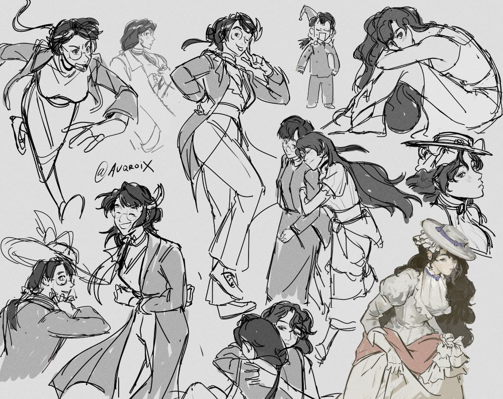 a mostly black and white sketch page full of isolde and kakania drawings. on the top left, is a modern college alternate universe where kakania is running to class and isolde takes notice of the rushing girl. on the top right is isolde in silky night wear with a sultry expression, and kakania with pajamas and a night cap looking flustered. on the bottom left are two drawings of kakania looking handsome, one where she is looking towards the camera with her back turned - the other where she is wearing her ship garment. on the bottom right is a colored painting of isolde holding her dress. in the bottom middle is the two of them hugging. across the middle are drawings of kakania, and isolde and kakania together walking leisurely

#art #wlw #sapphic #isoldevondittarsdorf #klaravingler #kakania #isokania #reverse1999 #r1999 #rkgk #sketches