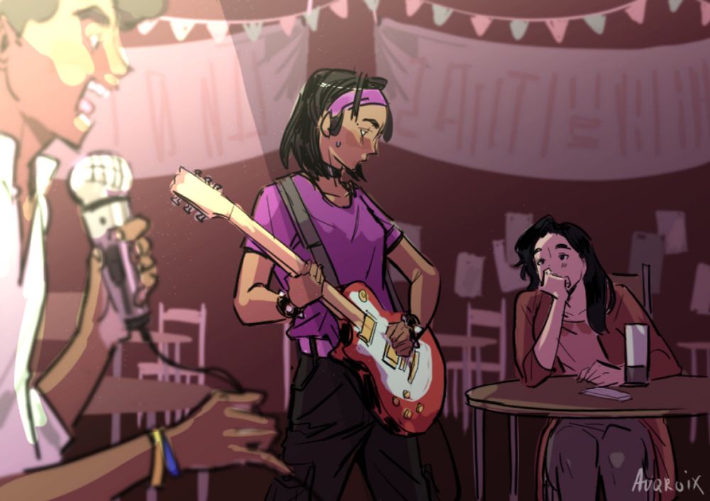 Kate from post-game Until Then on stage at a bar with a guitar, abour to start playing. a lead singer is hyping the crowd. in the back, is Louise, who is staring at Kate wistfully