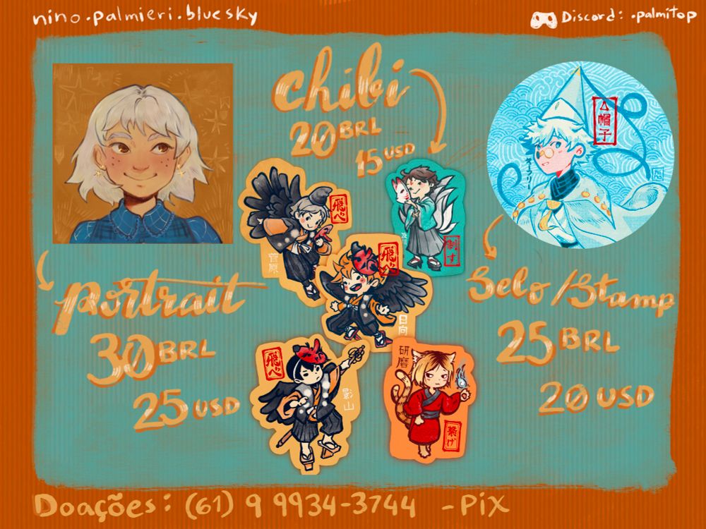 Tabela de preços das commissions nos formatos retrato, chibi e selo, com os respectivos preços no mesmo fundo laranja e azul da imagem anterior.