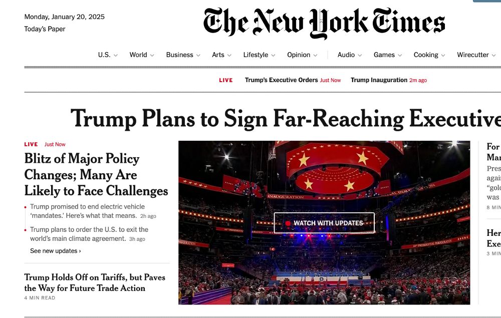 Screencap of the New York Times, with a headline in it that reads "Blitz of major policy changes: many are likely to face challenges"