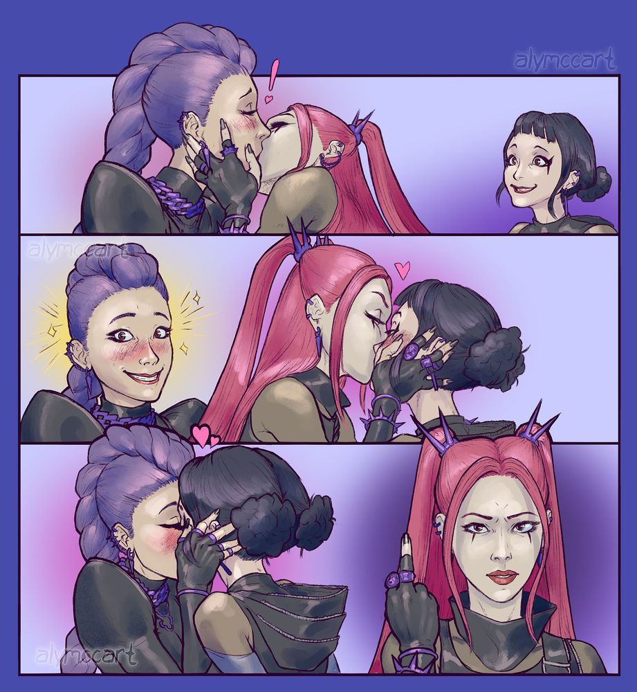 A colored digital comic of Rumi, Mira, and Zoey from KPOP Demon Hunters. There are three panels. 

The first panel shows Rumi being surprised by a kiss from Mira while Zoey looks delighted in the background. 

The second panel shows Rumi excited and blushing while looking at the viewer. Next to her Mira is kissing Zoey. 

The third panel is Rumi and Zoey kissing while Mira gives the viewer a scowl and raises her middle finger. 