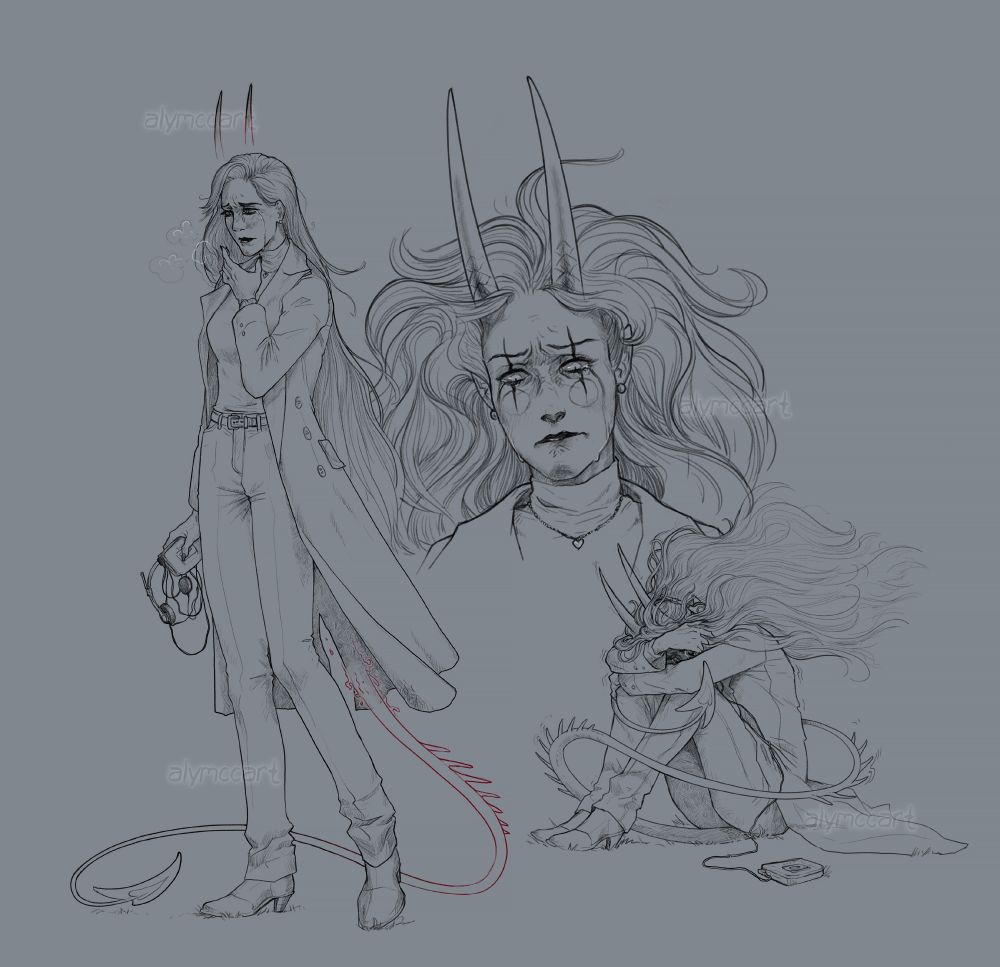 A digital image featuring three drawings of Charlie Morningstar from Hazbin Hotel. 

The image on the left shows her with mostly human features while her demon horns and tail are beginning to appear. She is wearing a long wool coat, a turtleneck, and high waist slacks with a belt. She is holding her hand to her face and is crying as she looks slightly downward. In her other hand is a portable cassette player and headphones. 

The top right image is a closeup of her face. Her horns have fully appeared and her facial features have shifted to her full-demon form. Her hair is fluttering around her. She is wearing pearl earrings and a small heart-shaped necklace. Her face is contorted with grief as she cries, her eyes turned downward.

The bottom right image shows full-demon Charlie sitting on the ground. She has her knees drawn up to her face and is hugging them tightly. Her grief-stricken face can be seen peeking through a gap in her arms. Charlie's tail is wrapping around her body. The headphones are pictured on her ears with the cord winding off to the side to the cassette player sitting on the ground next to her. 