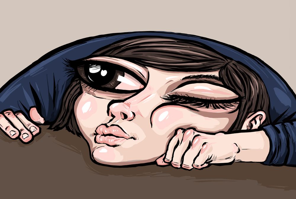 a drawing of a person slumped over onto a table. they are staring dreamily off to one side. their glossy eyes suggest that the person may be feeling something.