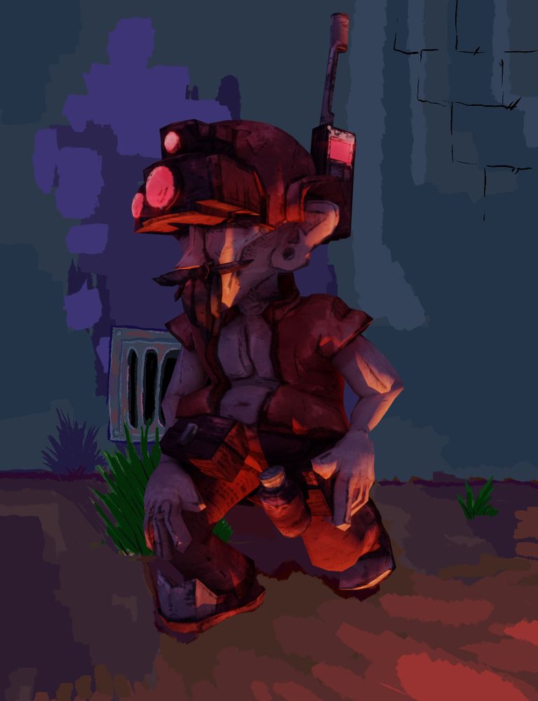 A diminutive soldier dressed in a skimpy vest. His helmet's night-vision goggles emit bright red lights.