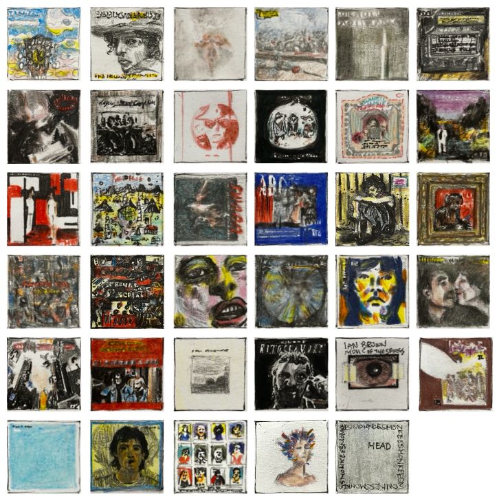 Mini drawings of records and CDs by…
J.J. Cale
Bob Dylan
John Cale
Neil Young x 4
Sonic Youth
Luke Haines x 3
Captain Beefheart and The Magic Band
Anthony Moore
The White Stripes 
Talking Heads x 2
Prefab Sprout 
ABC
Kevin Rowland & Dexys Midnight Runners
The Stone Roses
Primal Scream 
Happy Mondays 
The BBC Radiophonic Workshop
Ian Brown x 2
John Lennon / Yoko Ono
Roger McGuinn • Chris Hillman featuring Gene Clark 
Gene Clark & Carla Olson
D. West
Ringo Starr
Led Zeppelin 
Boards of Canada 
Paul McCartney
Pixx
and
The Monkees.