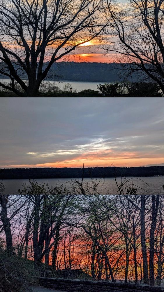 collage of three photos of sunset on the hudson river from fort tryon park