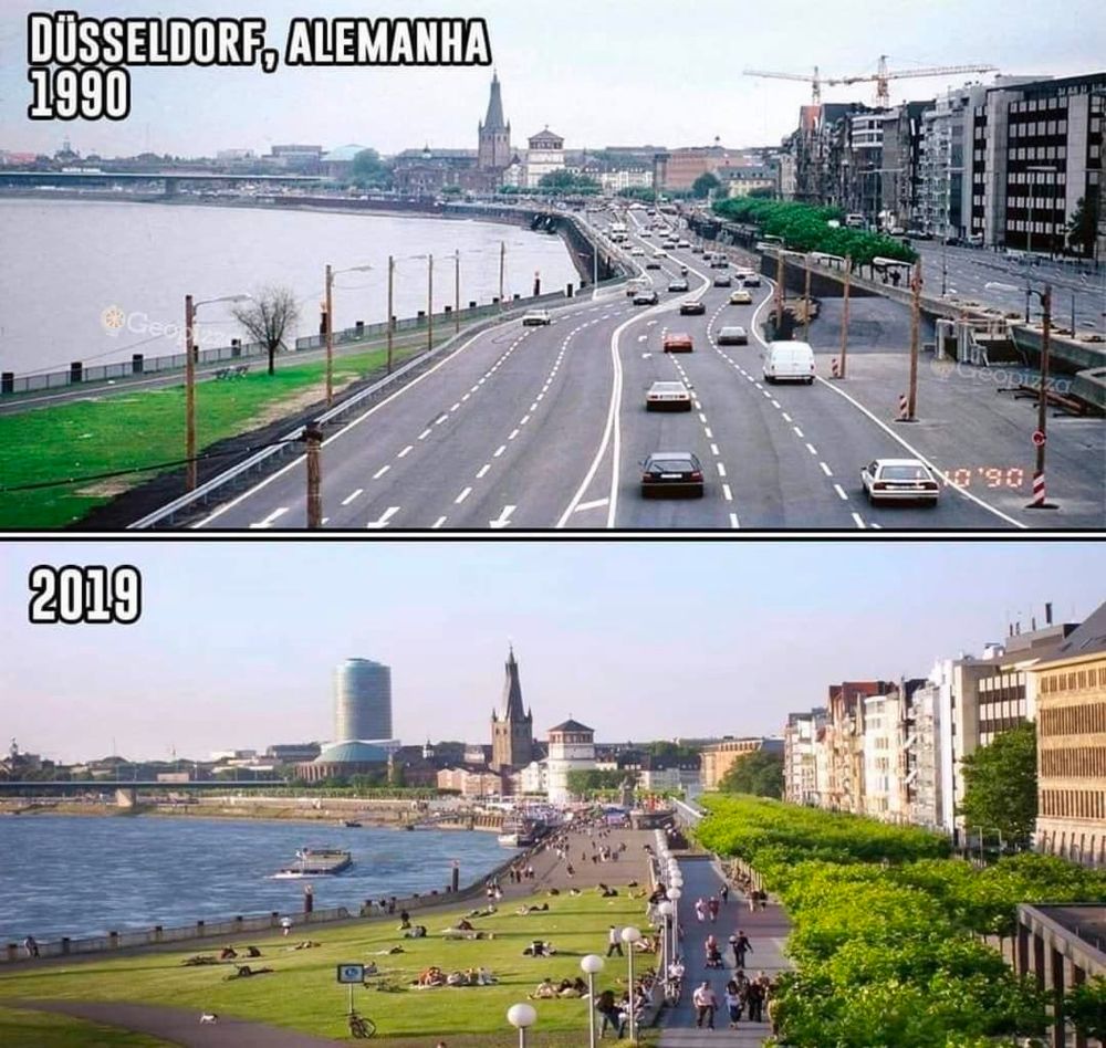 Oben Duesselforf Rheinufer 1990: Eine 6-spurige Strasse, die zwischen der Haeuserzeile (rechts) und dem Rhein (links) verlaeuft. 

Darunter Duesselford 2019/ Die Strasse ist weg, breiter Gruenstreifen, Radweg, Menschen geniessen den entstandenen Park