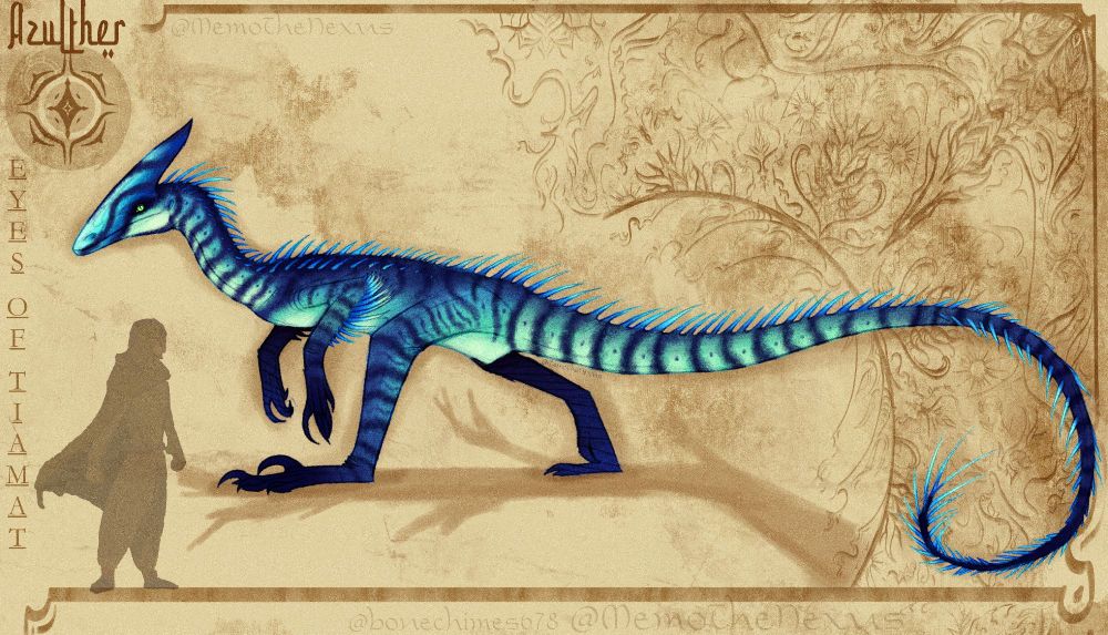 Azulther, blue reptilian organism with a long tail and narrow head. 2 meters at the shoulder.